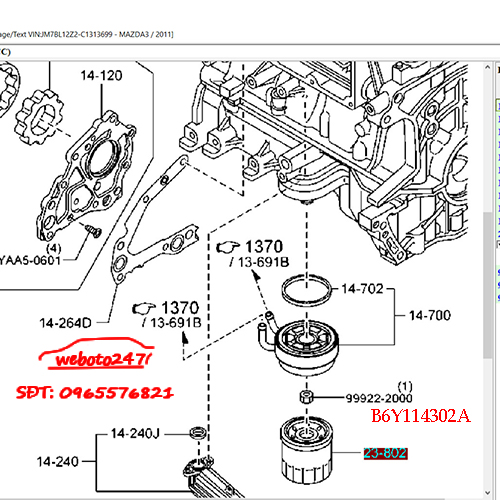 Lọc nhớt Mazda 3S sản xuất năm 2009-2014 mã phụ tùng: B6Y114302A